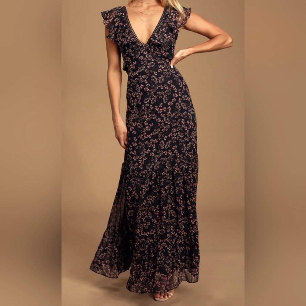 Lulu's Navy Blue and Pink Floral Maxi Dress